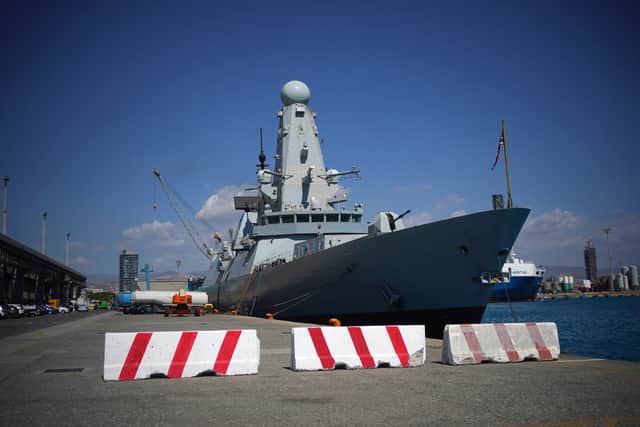 Portsmouth-based Type 45 destroyer HMS Duncan, in the Port of Limassol, during a visit by Defence Secretary John Healey.