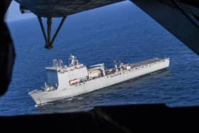 Planned refit for RFA Cardigan Bay has been disrupted by striking Royal Fleet Auxiliary personnel. Pictured is the vessel sailing alongside Bahrain in 2019.