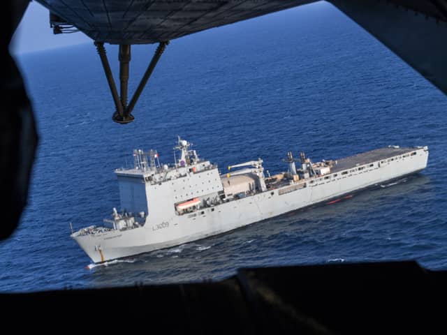 Planned refit for RFA Cardigan Bay has been disrupted by striking Royal Fleet Auxiliary personnel. Pictured is the vessel sailing alongside Bahrain in 2019.