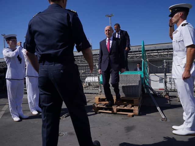 Defence Secretary John Healey arriving on board HMS Duncan, in the eastern Mediterranean, during a visit to Cyprus to meet troops as the government steps up efforts for a potential evacuation of Lebanon with the Middle East teetering on the brink of wider war.