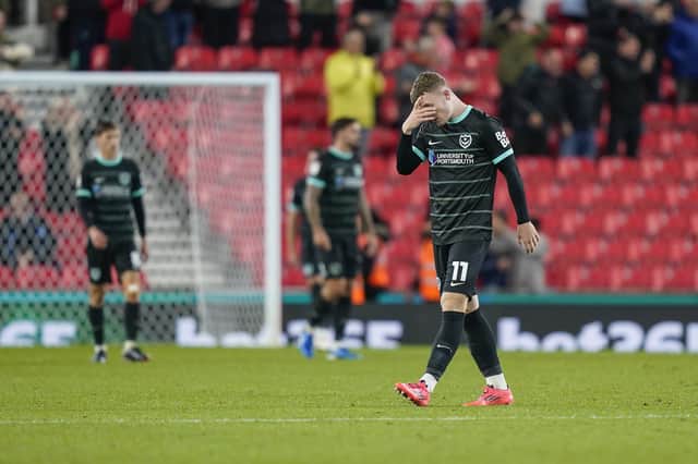 It's agony for Mark O'Mahony and his Pompey team-mates after a 6-1 hammering at Stoke. Picture: Jason Brown/ProSportsImages