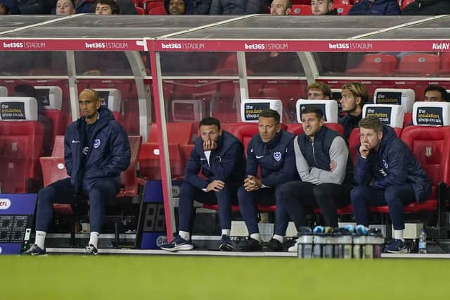John Mousinho and his backroom staff cannot believe what they are witnessing against Stoke. Picture: Jason Brown/ProSportsImages