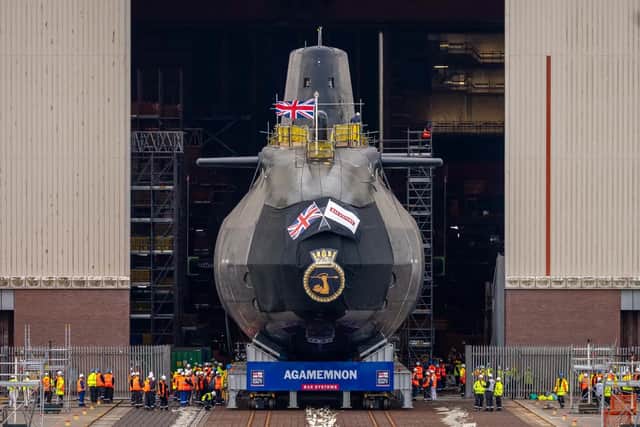 HMS Agamemnon, a new Royal Navy submarine, being launched from the BAE Systems dockyard in Barrow.