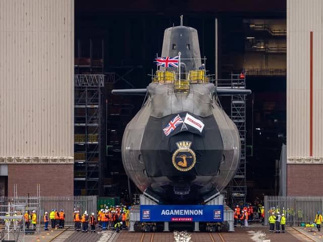 HMS Agamemnon, a new Royal Navy submarine, being launched from the BAE Systems dockyard in Barrow.