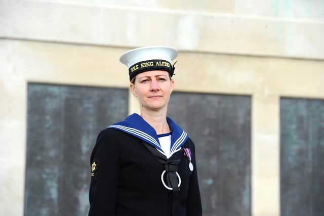 AB Emma Cutler. of Gosport, a Royal Navy reserve based at HMS King Alfred in Portsmouth. She has strong family ties to the navy, and was honoured to be a part of the ceremony.