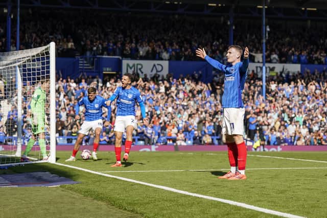 Mark O'Mahony celebrates in front of the Fratton End after opening the scoring for Pompey against Oxford United. Picture: Jason Brown/ProSportsImages