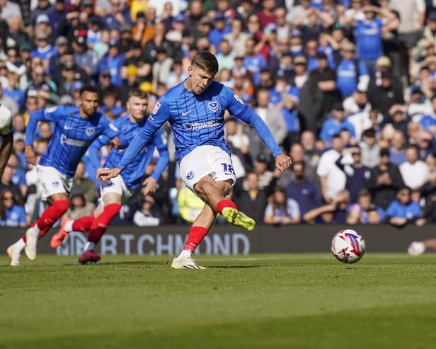 Pompey striker Elias Sorensen misses the disputed penalty in the draw with Oxford United. Pic: Jason Brown/ProSportsImages