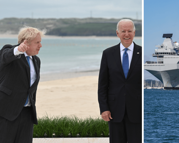 Former prime minister Boris Johnson has claimed that Joe Biden declined to board Royal Navy aircraft carrier HMS Prince of Wales because there were "too many steps". 