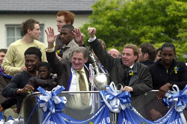 Milan Mandaric and manager Harry Redknapp celebrate Pompey's promotion to the Premier League with an open-top bus parade in May 2005. Picture: Steve Reid