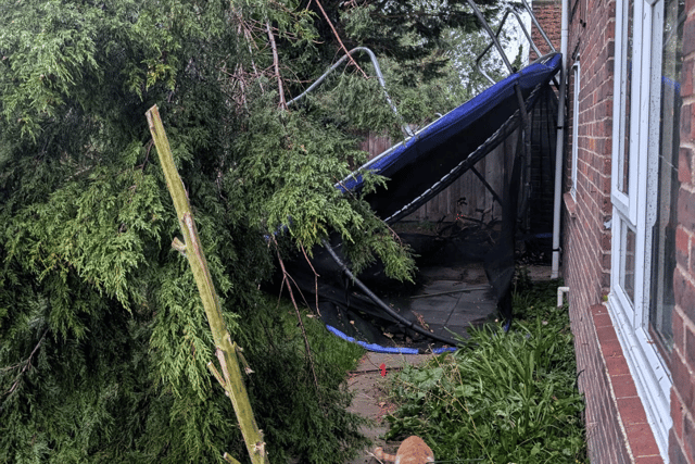 Becky Mason said a 14ft trampoline which has not been moved in her garden for three years was flung into her house by the extreme weather.