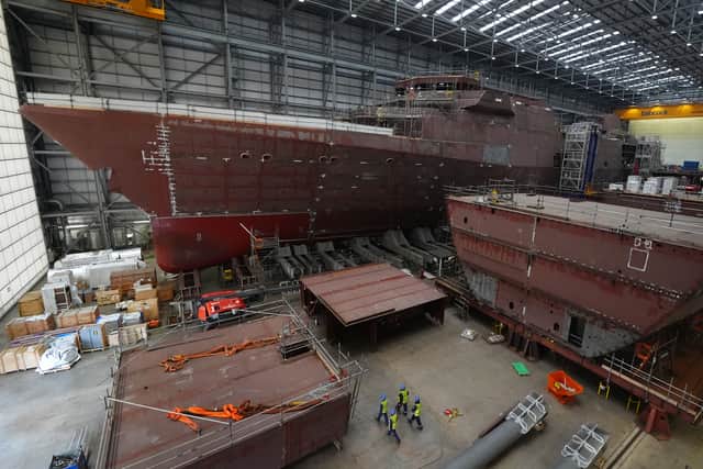 Construction work continues on HMS Venturer(top) and HMS Active in the Venturer building ahead of the Steel Cut ceremony for the Royal Navy's third in class Type 31 frigate, HMS Formidable, at Babcock International Group, in Rosyth.