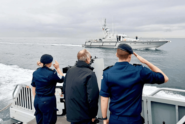 HMS Cutlass' crew saluting Moroccan navy as they complete their exercise off the coast of Tangier.