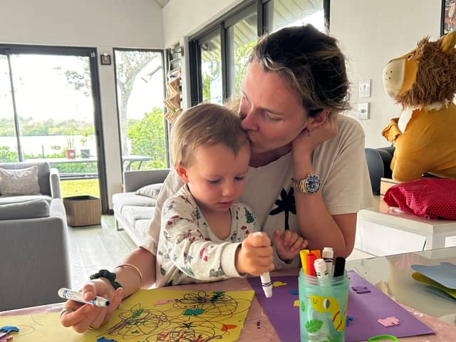 Annabel Fenwick Elliott and son Jasper in Mauritius.