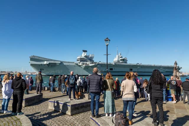 Pictured: HMS Prince of Wales leaving Portsmouth to take charge of the UK Carrier Strike Group in the North Sea.
