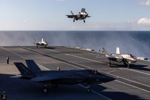 F-35 Lightning jets from 809 NAS, based at RAF Marham conduct carrier qualifications (CQs) on HMS Prince of Wales. This is in the run up to Exercise Strike Warrior.