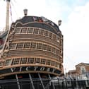 HMS Victory, Lord Nelson's historic flagship from which he led the Royal Navy to victory over Napoleon's fleet at Trafalgar is being rebuilt - using wood from France.  Pictured: HMS Victory at Portsmouth Historic Dockyard. 
