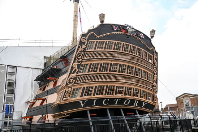 HMS Victory, Lord Nelson's historic flagship from which he led the Royal Navy to victory over Napoleon's fleet at Trafalgar is being rebuilt - using wood from France.  Pictured: HMS Victory at Portsmouth Historic Dockyard.