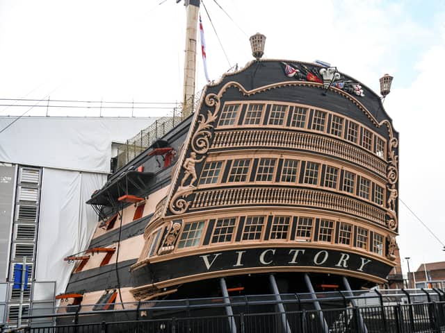 HMS Victory, Lord Nelson's historic flagship from which he led the Royal Navy to victory over Napoleon's fleet at Trafalgar is being rebuilt - using wood from France.  Pictured: HMS Victory at Portsmouth Historic Dockyard. 