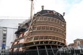 HMS Victory, Lord Nelson's historic flagship from which he led the Royal Navy to victory over Napoleon's fleet at Trafalgar is being rebuilt - using wood from France.  Pictured: HMS Victory at Portsmouth Historic Dockyard. 