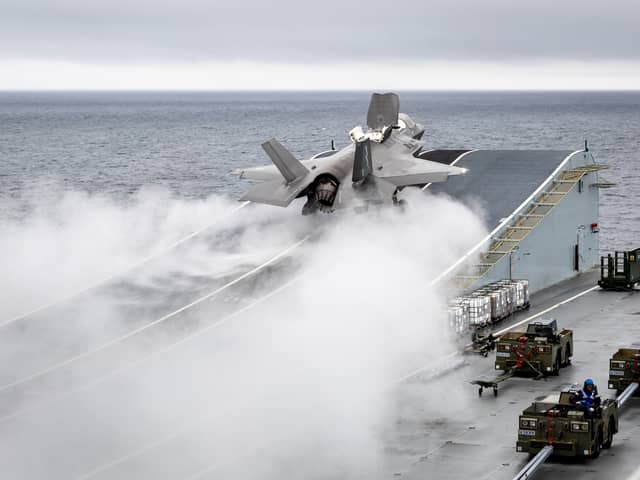 Pictured: F-35 Lightning jet launches from HMS Prince of Wales for consolidation training. Squadrons are conducting consolidation training after completing carrier qualifications (CQs) on HMS Prince of Wales.