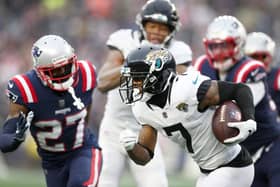 Tavon Austin #7 of the Jacksonville Jaguars runs with the ball in the third quarter of the game against the New England Patriots at Gillette Stadium on January 02, 2022 in Foxborough, Massachusetts.