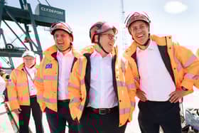 Energy Security Ed Miliband, Prime Minister Sir Keir Starmer and Scottish Labour leader Anas Sarwar at the Port of Greenock while on the General Election campaign trail in May