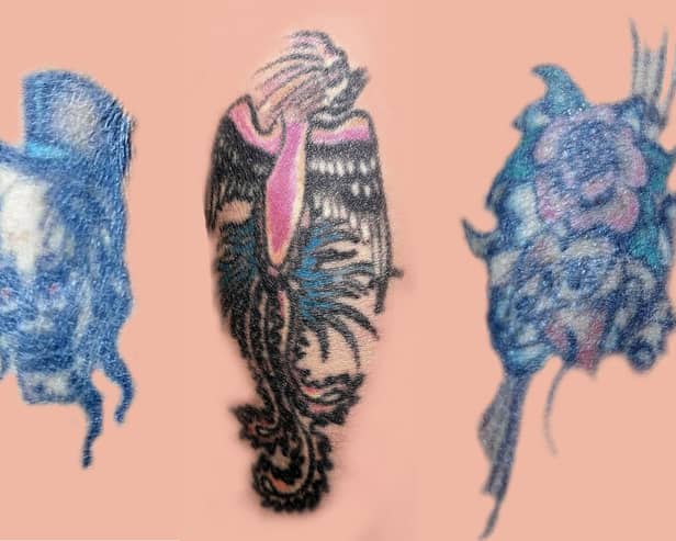 Hampshire Police have launched an appeal to try and identify a man who died earlier this year. 
Pictured: Distinctive tattoos on the man 