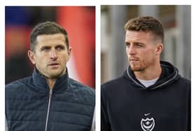 Pompey boss John Mousinho, left, and defender Conor Shaughnessy