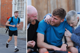 Will Matthews, a Royal navy technician, has run 13 marathons in 16 days to raise money for his mum's cancer treatment. He finished his journey at Portsmouth Historic Dockyard on October 17.