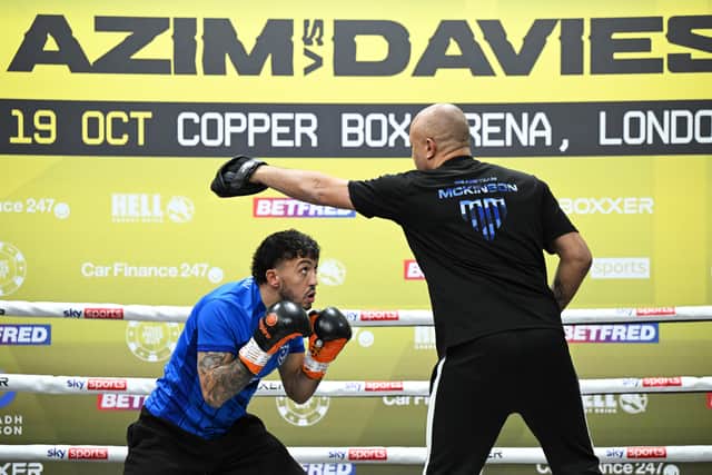Portsmouth's Michael McKinson in his open workout ahead of his IBO title clash with South African Tulani Mbenge. Pic: Getty