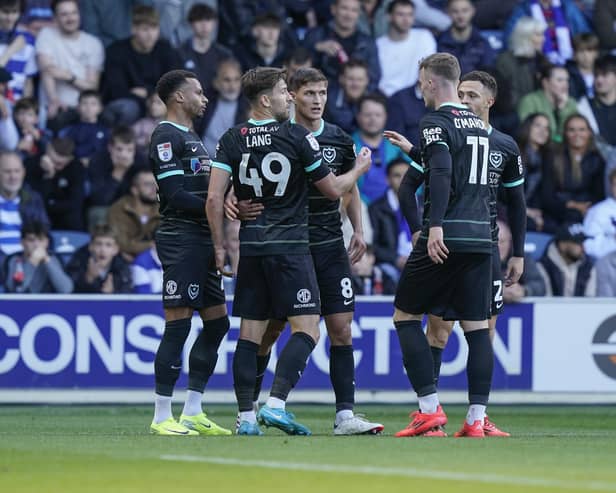 The Pompey players celebrate Freddie Potts' equaliser