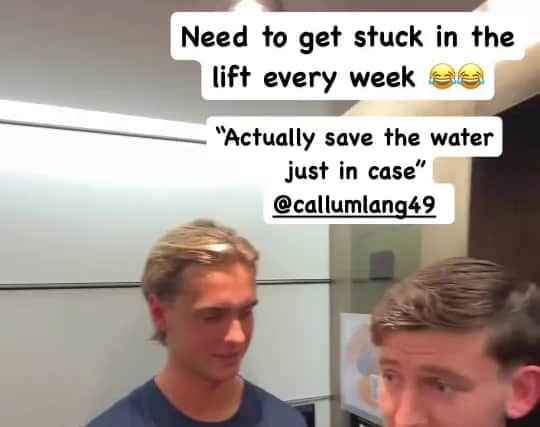 Callum Lang calls for water rations as Owen Moxon swigs from a bottle of water with Pompey's players get stuck in a lift ahead of their weekend win at QPR. Pic: Tom McIntyre Instagram (tom5mc).