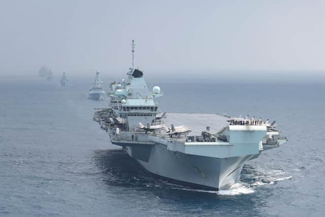 Pictured: The RFA Fleet Solid Support ships are expected to bolster the capabilities of the Royal Navy aircraft carriers. From front to back are HMS Queen Elizabeth, HMS Defender, HMS Richmond, HNLMS Evertsen, RFA Tidespring and RFA Fort Victoria in formation.