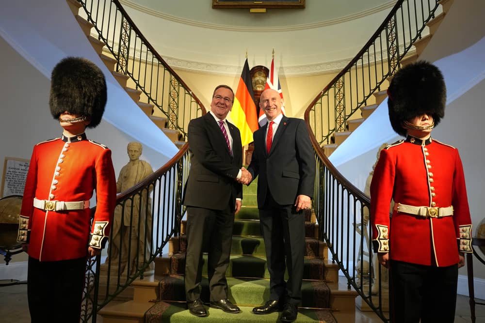 German planes will operate on British soil after a defence pact was agreed by the UK and Germany. Pictured is Defence Secretary John Healey (centre right) and his German counterpart Boris Pistorius before signing a new UK-Germany Defence Agreement at Trinity House in London.