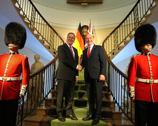 German planes will operate on British soil after a defence pact was agreed by the UK and Germany. Pictured is Defence Secretary John Healey (centre right) and his German counterpart Boris Pistorius before signing a new UK-Germany Defence Agreement at Trinity House in London.