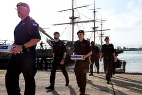 The Portsmouth poppy appeal was launched on October 24 with sailors bringing donation boxes from a landing craft involved in the Falklands War. Lt Cdr Steve Cass leads as a poppies are brought ashore from landing craft F8. Poppy Appeal launch at HMNB Portsmouth.