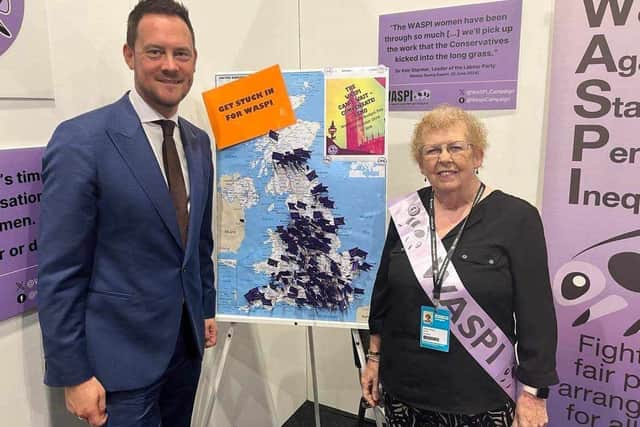 A representative from WASPI alongside Portsmouth South MP Stephen Morgan.
