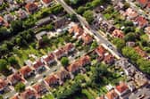 Aerial shot of houses.