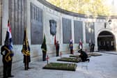 Portsmouth will be honouring the fallen on Remembrance Sunday and Armistice Day. Pictured: Cdre John Voyce, commanding office of HMNB Portsmouth, lays a cross. Armistice Day Service, Cenotaph, Guildhall Square, Portsmouth