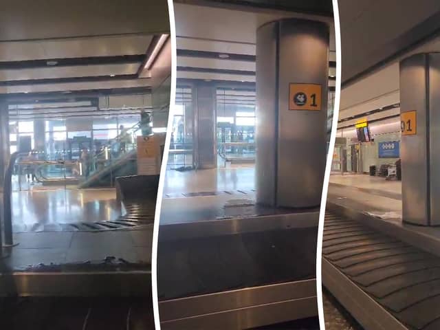 “Sewage” water pours onto baggage carousel at airport.