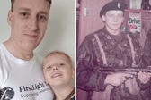 James Furze has decided to run a 10 mile road race for the veterans charity that supported his dad. From left: James Furze with his son Ollie, and his late father Trevor Cattemull.