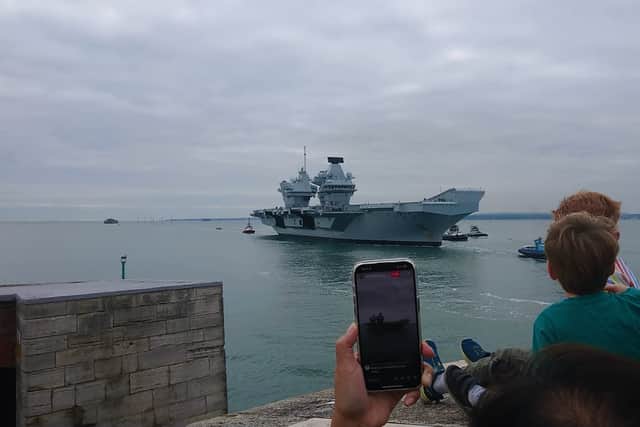 HMS Prince of Wales returning home to Portsmouth from the North Sea, where she took charge of the UK Carrier Strike Group on Exercise Strike Warrior.