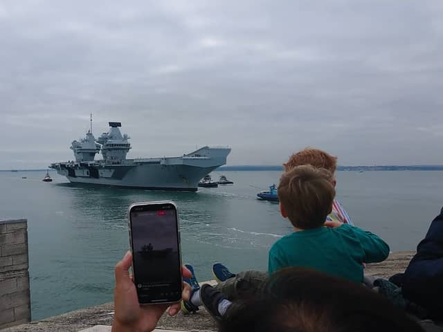 HMS Prince of Wales returning home to Portsmouth from the North Sea, where she took charge of the UK Carrier Strike Group on Exercise Strike Warrior.
