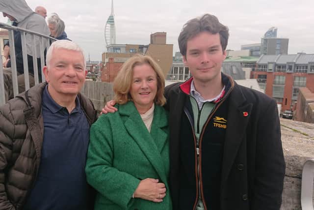 Sub Lieutenant Callum Buchanan's family and partner waiting for his return from HMS Prince of Wales. From left: John and Linda Buchanan, with Alexander Hall.