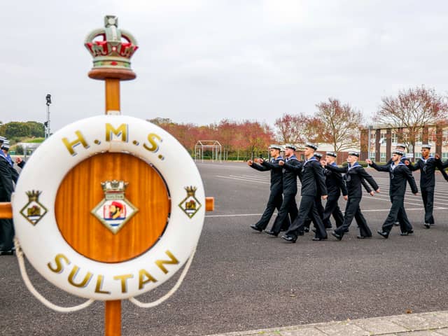 HMS Sultan in Gosport has been put back into command of the Royal Navy. Pictured is The Flag Haul Down Ceremony at the shore base.