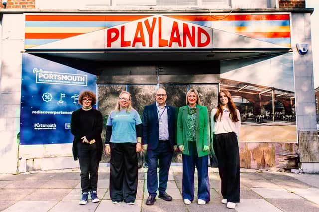 Outside of Playland [left to right]: Dylan James-Yeomans, Annabel Cook, Councillor Steve Pitt, Gemma Nichols, and Jasmine Mundy