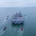 Royal Navy aircraft carrier HMS Queen Elizabeth leaving Portsmouth on November 4, 2024, for sea trials.