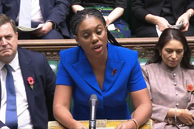 Conservative party leader Kemi Badenoch speaking during Prime Minister's Questions in the House of Commons. She claimed Labour did not address defence spending in their last October budget, but they did.