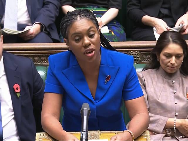 Conservative party leader Kemi Badenoch speaking during Prime Minister's Questions in the House of Commons. She claimed Labour did not address defence spending in their last October budget, but they did.