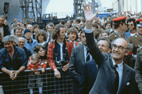 John Nott, the Conservative politician who served as the defence secretary during The Falklands War, has died aged 92. Pictured is him waving to departing servicemen as the liner QE2 leaves Southampton carrying 3000 British troops to South Georgia during the Falklands War, 12th May 1982
